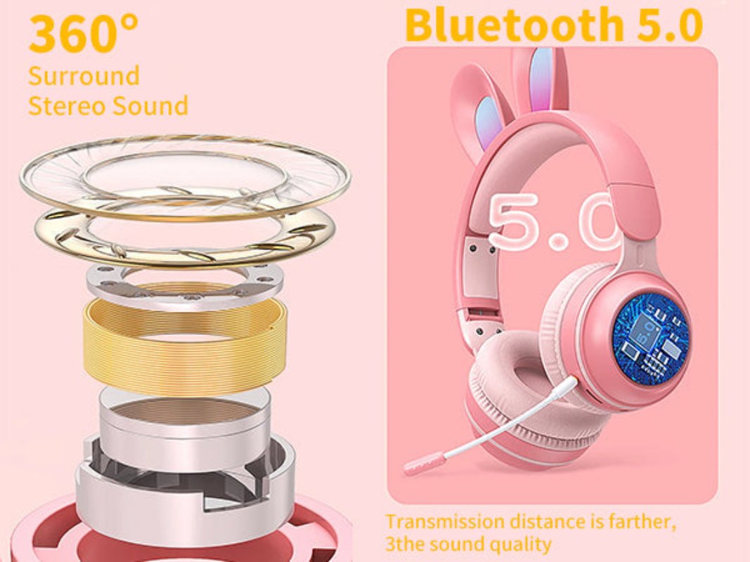 RYG Rainbow Rabbit Luminous Wireless 5.0 Headphone - Pink