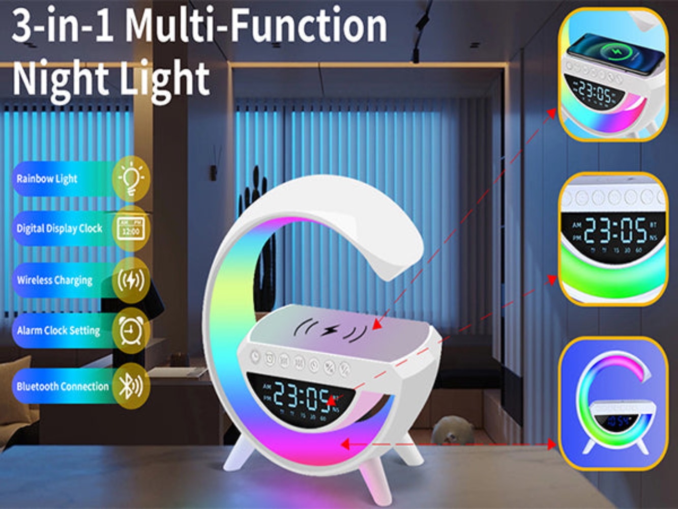 RYG 3 in 1 Rainbow Multi-function Night Light Wireless Charging Stereo