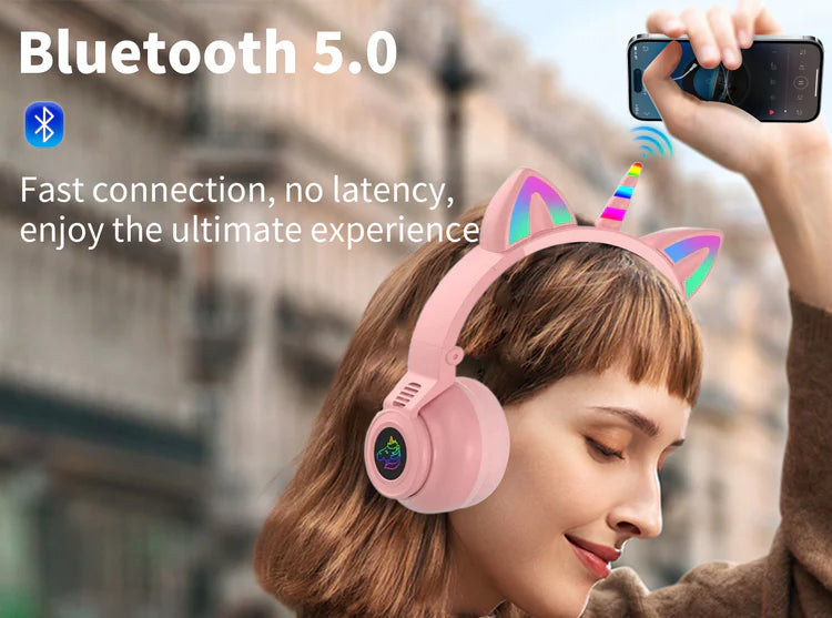 Foldable Bluetooth 5.0  Cat Ear Unicorn white RGB effect Headset