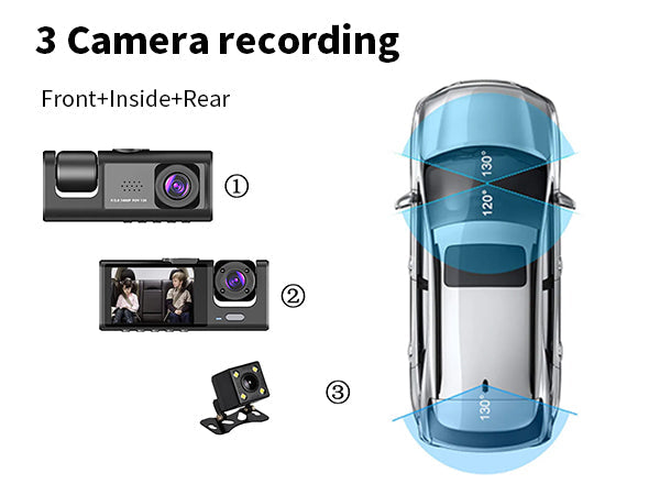 RYG 3 Camera Dash Cam 1080P Front and Inside 2 Inch Screen Dashcam Black Box Driver